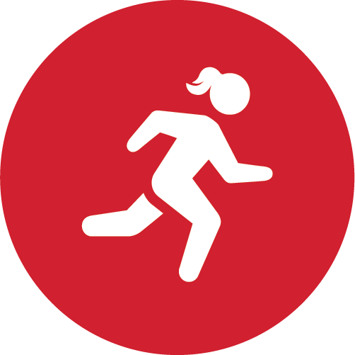 A white icon of a woman running in a red circle.