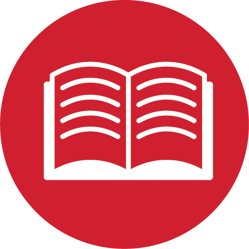 A white icon of an open book in a red circle.