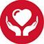 A pair of hands holding a heart in a red circle.