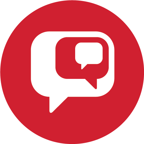 A red circle with a white speech bubble inside of it.