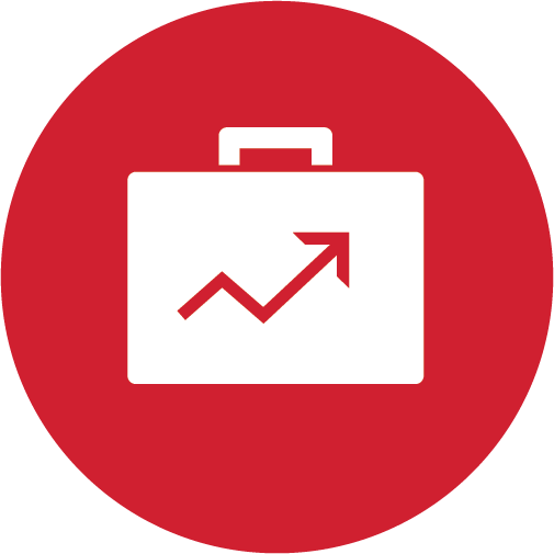 A briefcase with an arrow pointing up in a red circle.