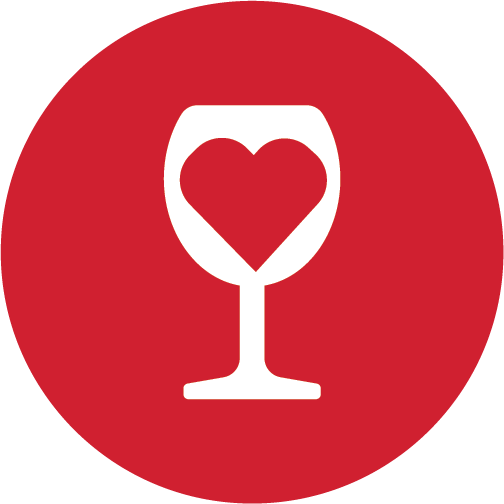 A wine glass with a heart inside of it in a red circle.