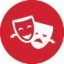 A red circle with two comedy and tragedy masks in it.