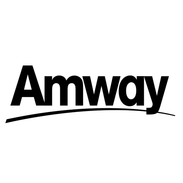 A black and white logo for amway on a white background.