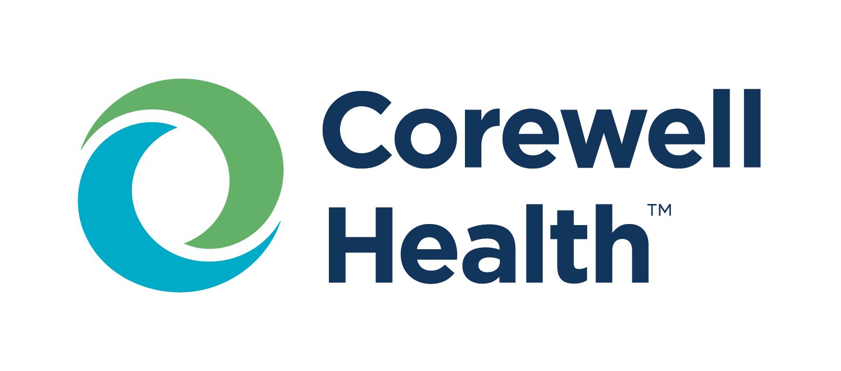 The corewell health logo is a blue and green circle.