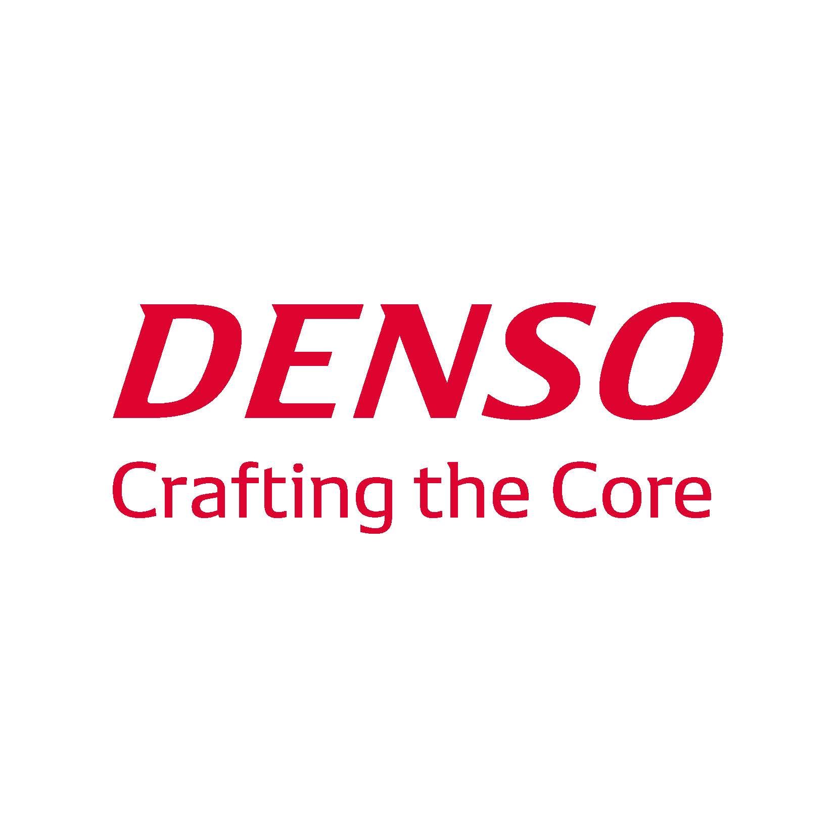 A red and white logo for denso crafting the core
