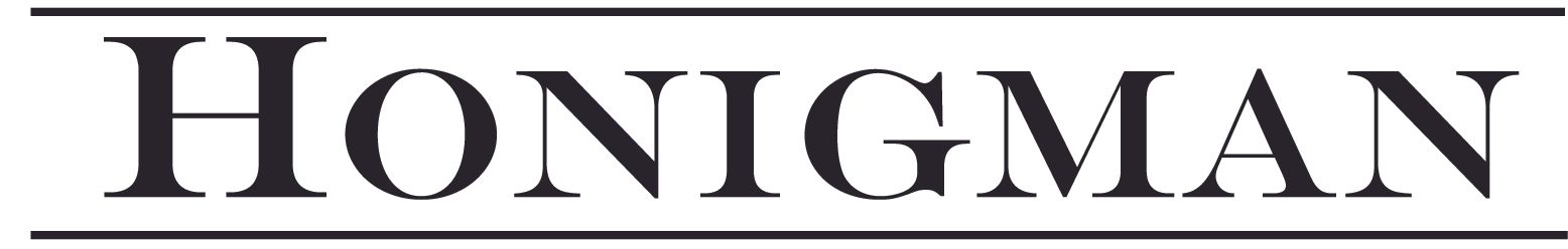 A black and white logo for honigman on a white background
