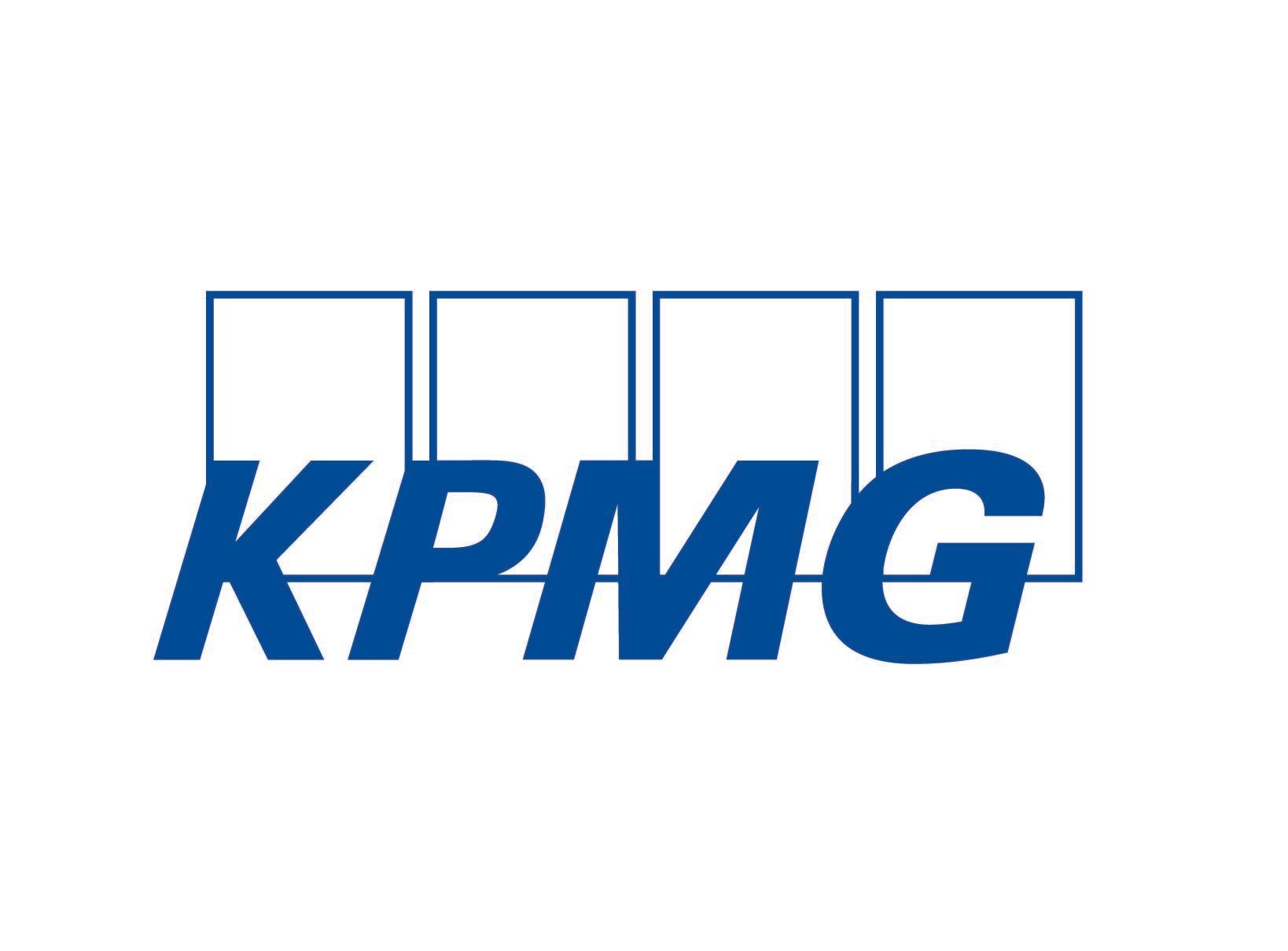 The kpmg logo is blue and white on a white background.
