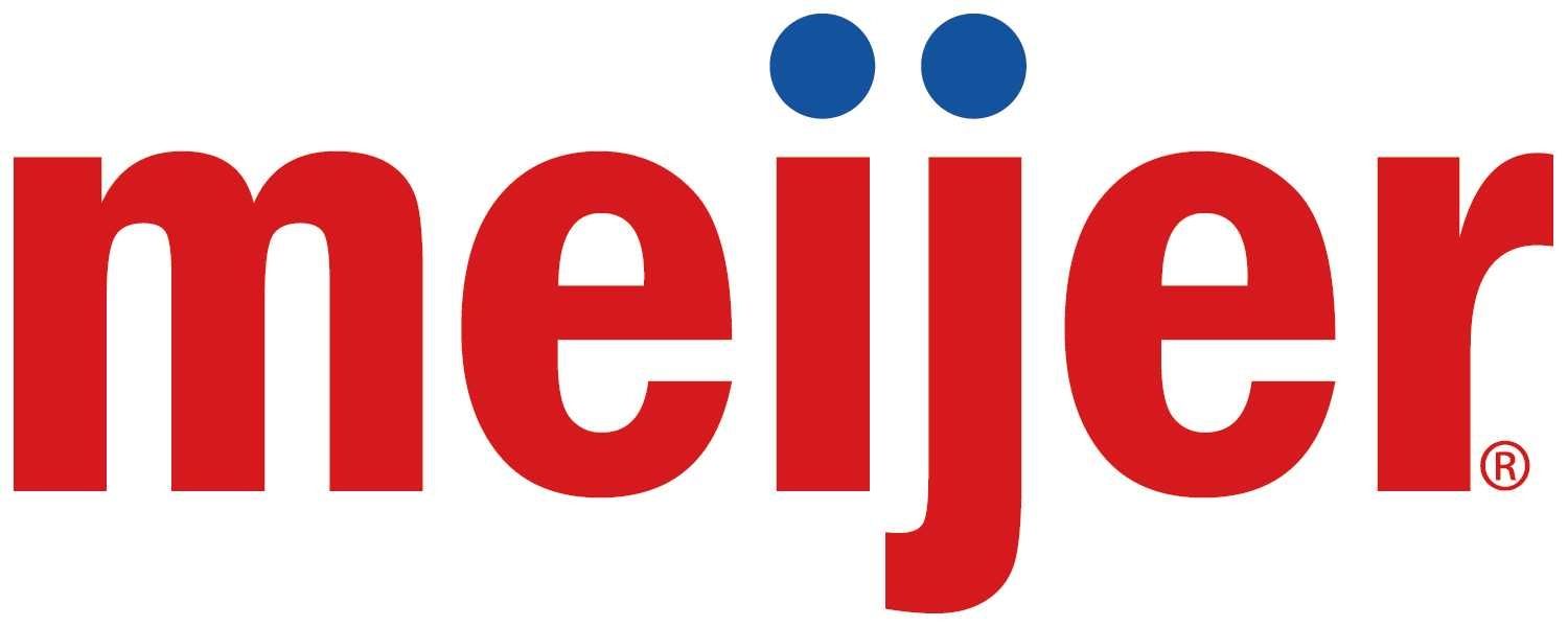 The meijer logo is red and white with blue dots.