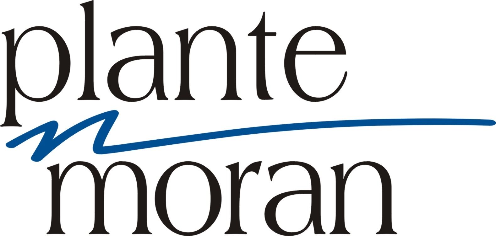 A logo for a company called plante moran with a blue line.