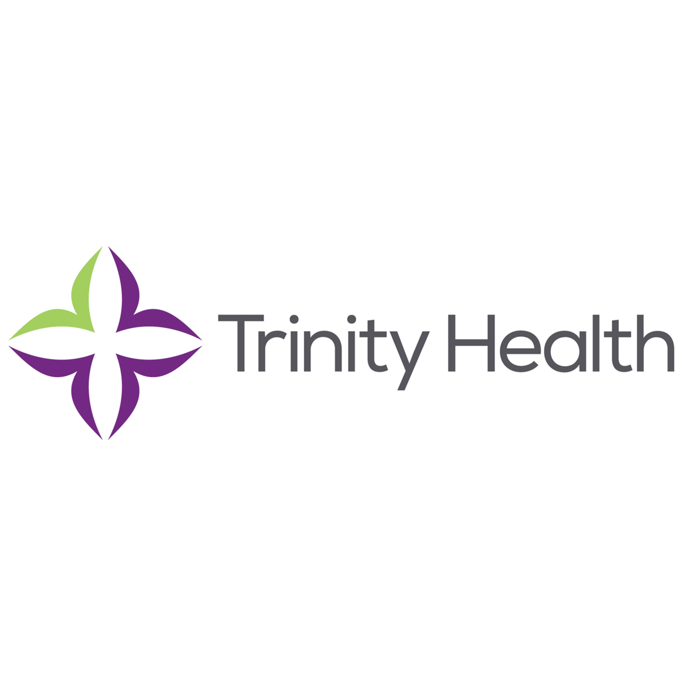 The trinity health logo has a purple and green cross on it.