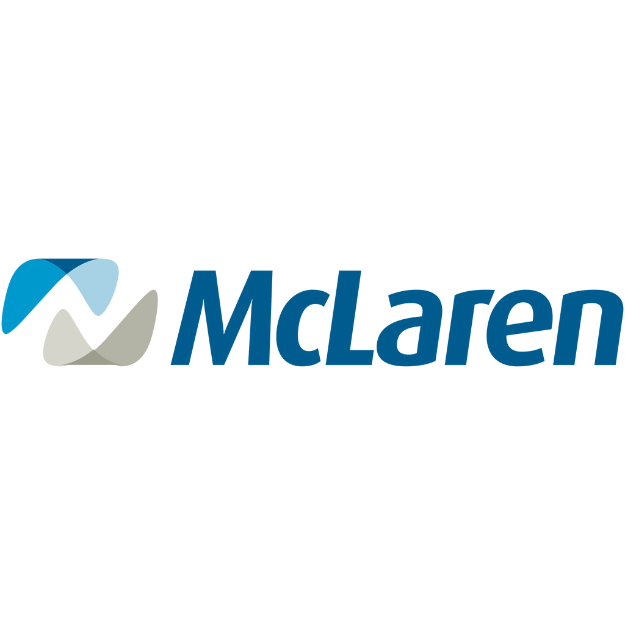 A blue and white logo for mclaren on a white background