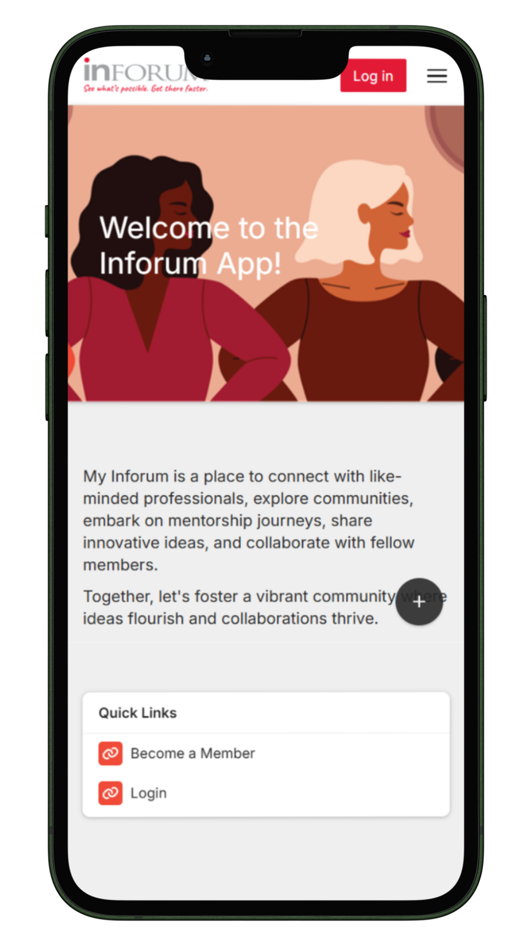 A phone screen shows a welcome page for the inforum app