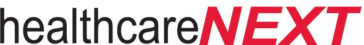 A red and white logo for healthcare next