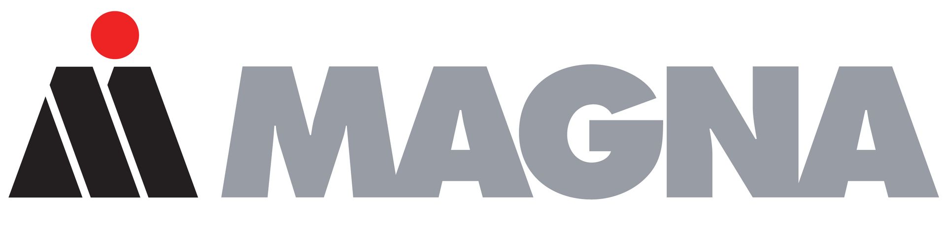 A logo for magna with a red circle in the middle