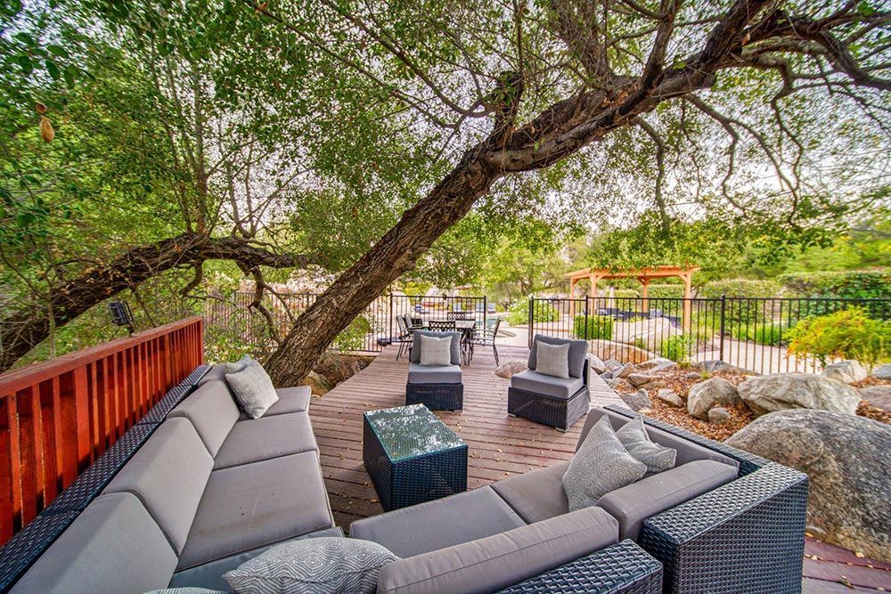 a patio with a couch and chairs under a tree