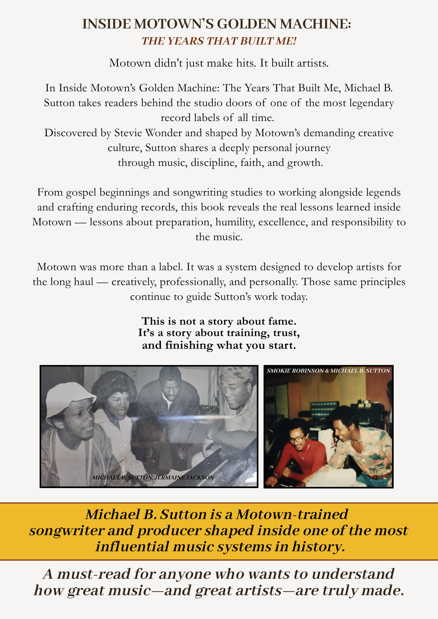 Back Cover book about Motown. Contains text, black and white photos, and a photo of a man and a woman.