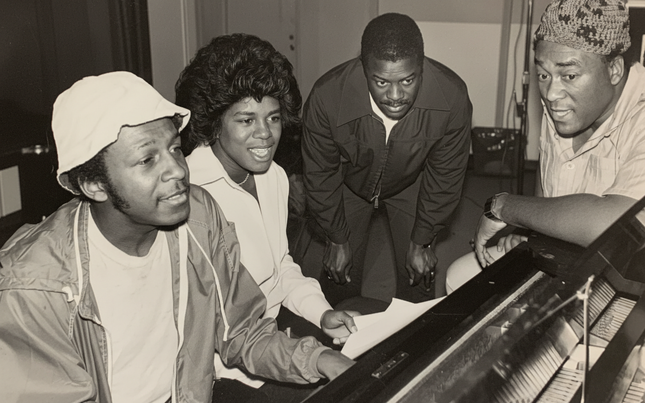 Four people gathered around a piano, smiling and leaning in during a music session.