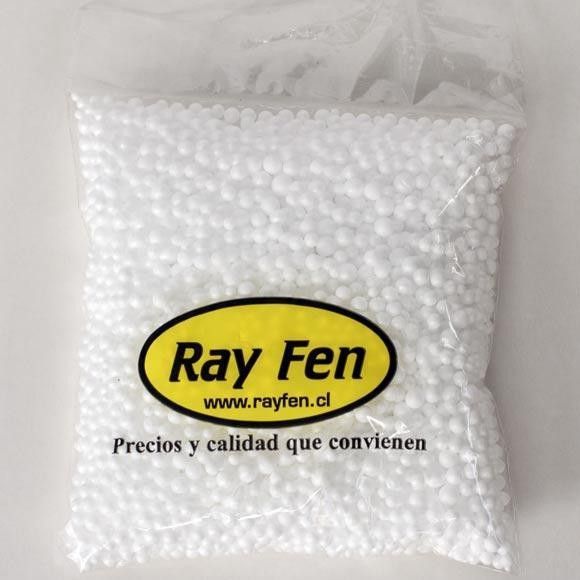 Bag of white styrofoam balls, Ray Fen logo, Spanish text 