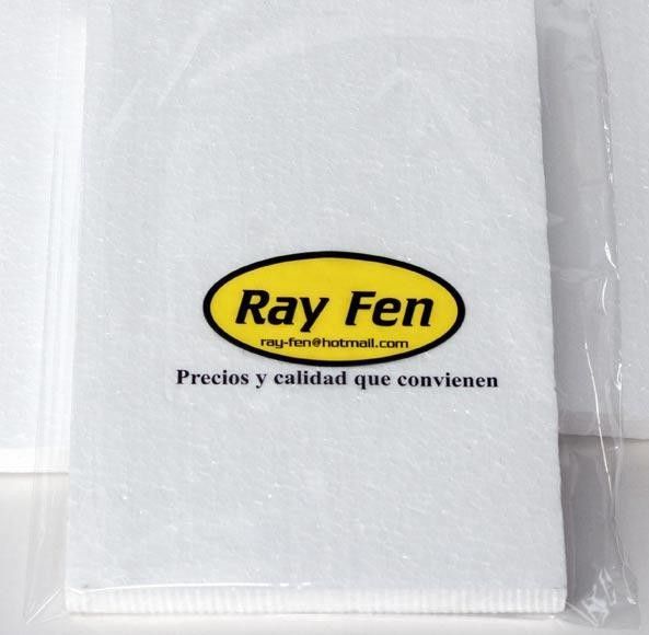 Bolsa de plástico transparente con un producto blanco en su interior y el logotipo de Ray Fen en amarillo, negro y blanco.