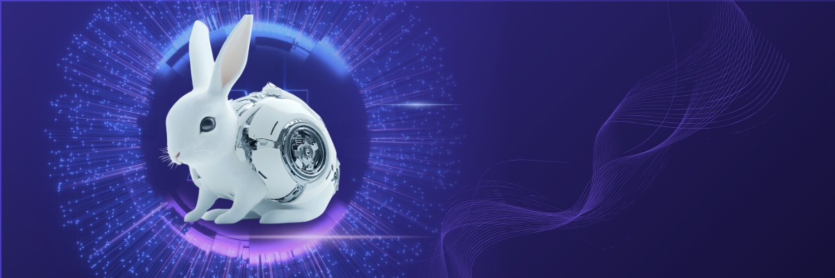 A white rabbit with a partially robotic side sits inside a blue-purple glowing circle. ai