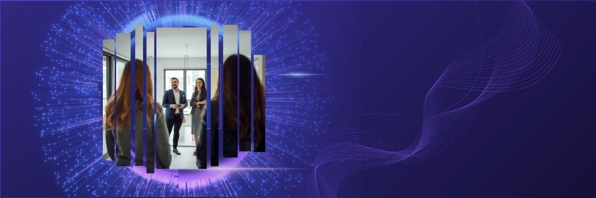 People walking through an office door, surrounded by a purple digital effect.