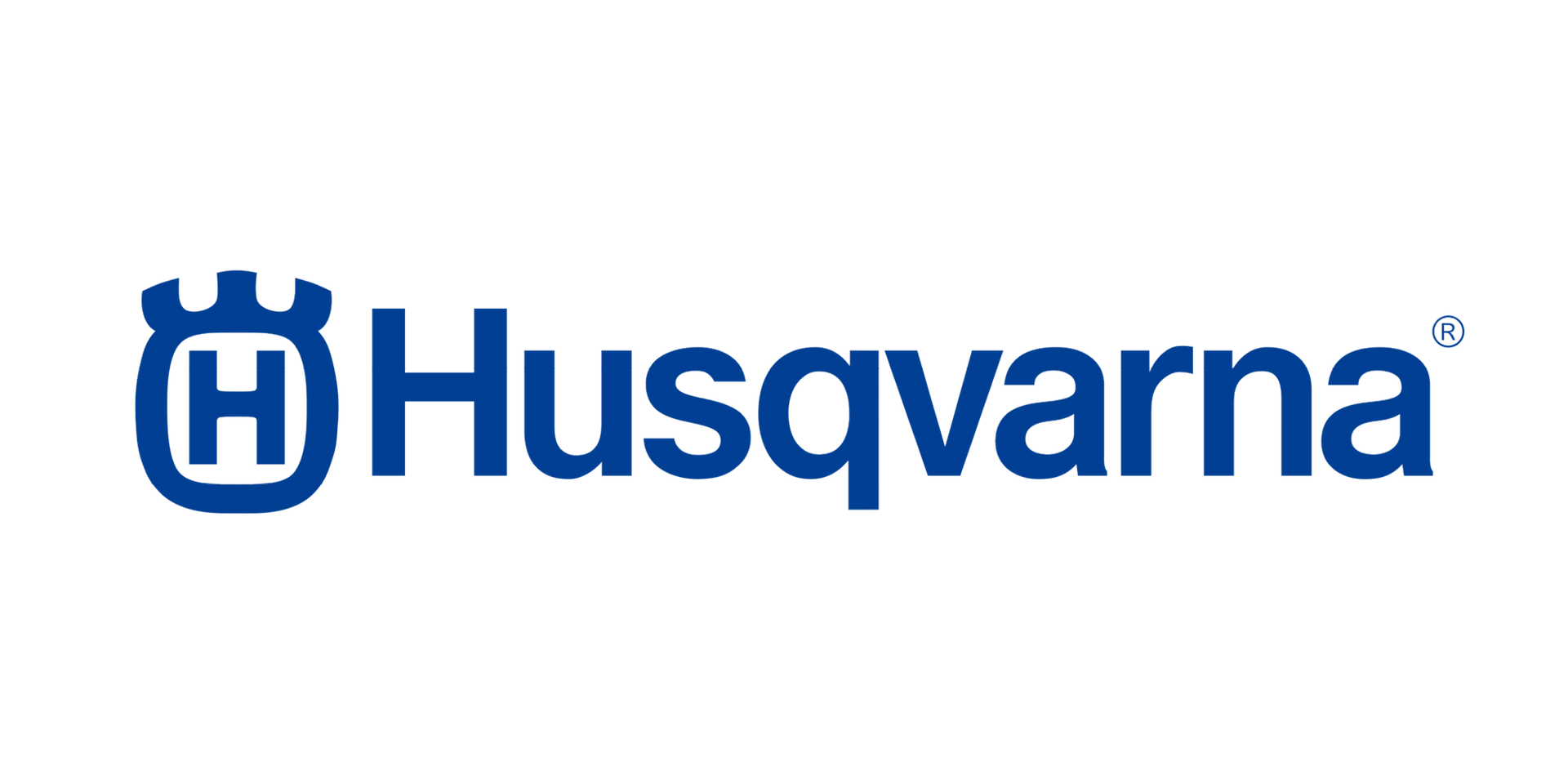 Husqvarnas logotyp är blå och vit på en vit bakgrund.