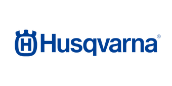 Husqvarnas logotyp är blå och vit på en vit bakgrund.