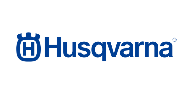 Husqvarnas logotyp är blå och vit på en vit bakgrund.