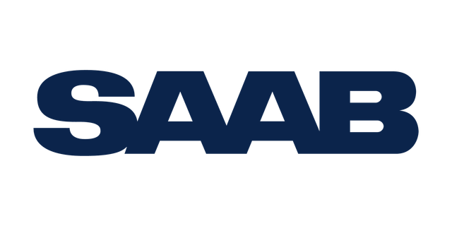 Saabs logotyp är blå och vit på
en vit bakgrund.