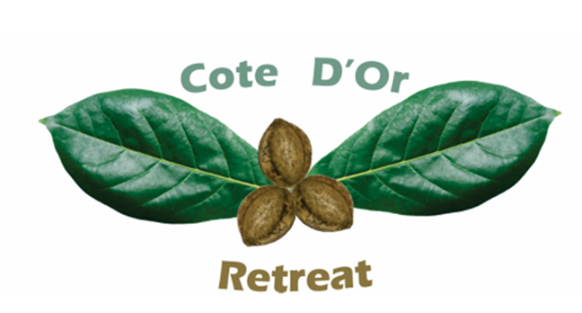 Logo for Cote D'Or Retreat: green leaves frame brown cocoa beans and text in green and brown.