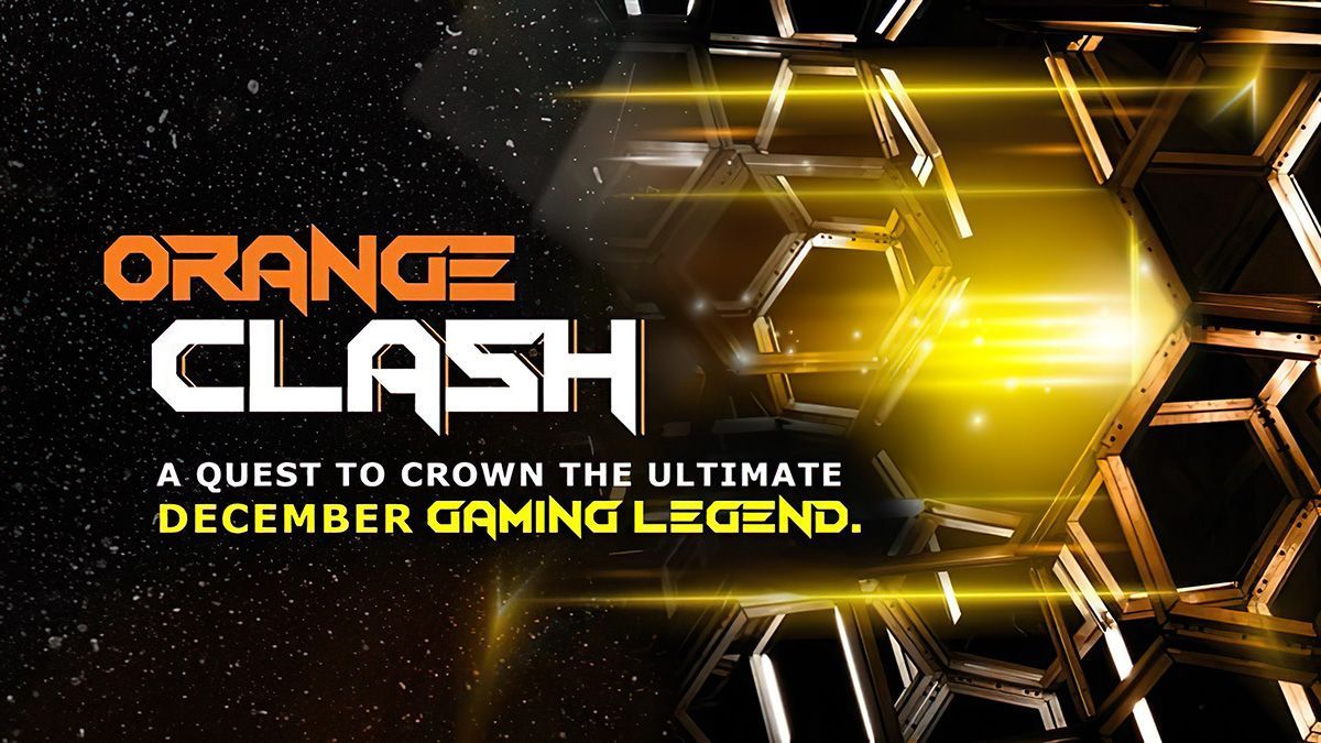 Orange Clash: A quest to crown the ultimate December gaming legend with vibrant hexagonal visuals.