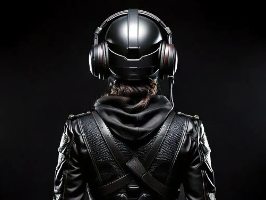 A user facing backwards showing his back wearing a cap and a headset.