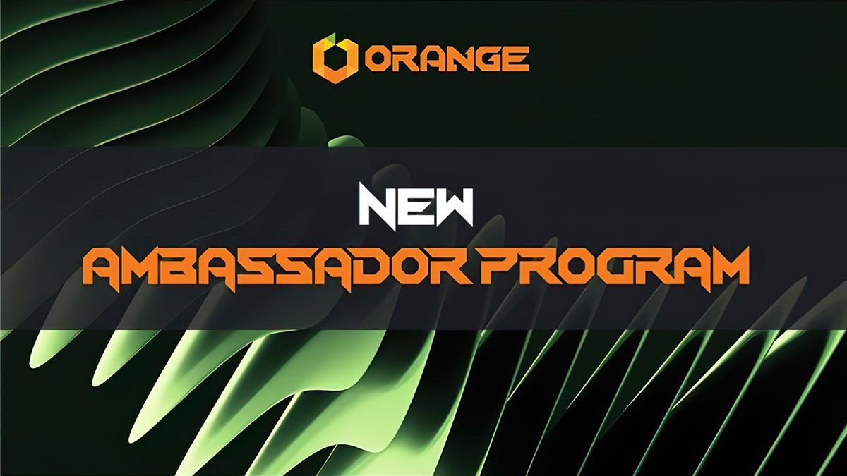 Orange Web3 New Ambassador Program promotional banner with green abstract background.