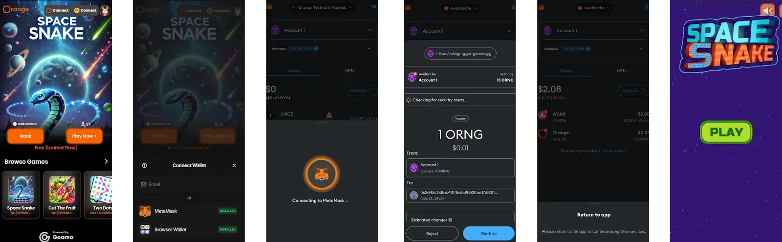 Screenshots of the Space Snake gameplay for the Orange Web3 Games on mobile