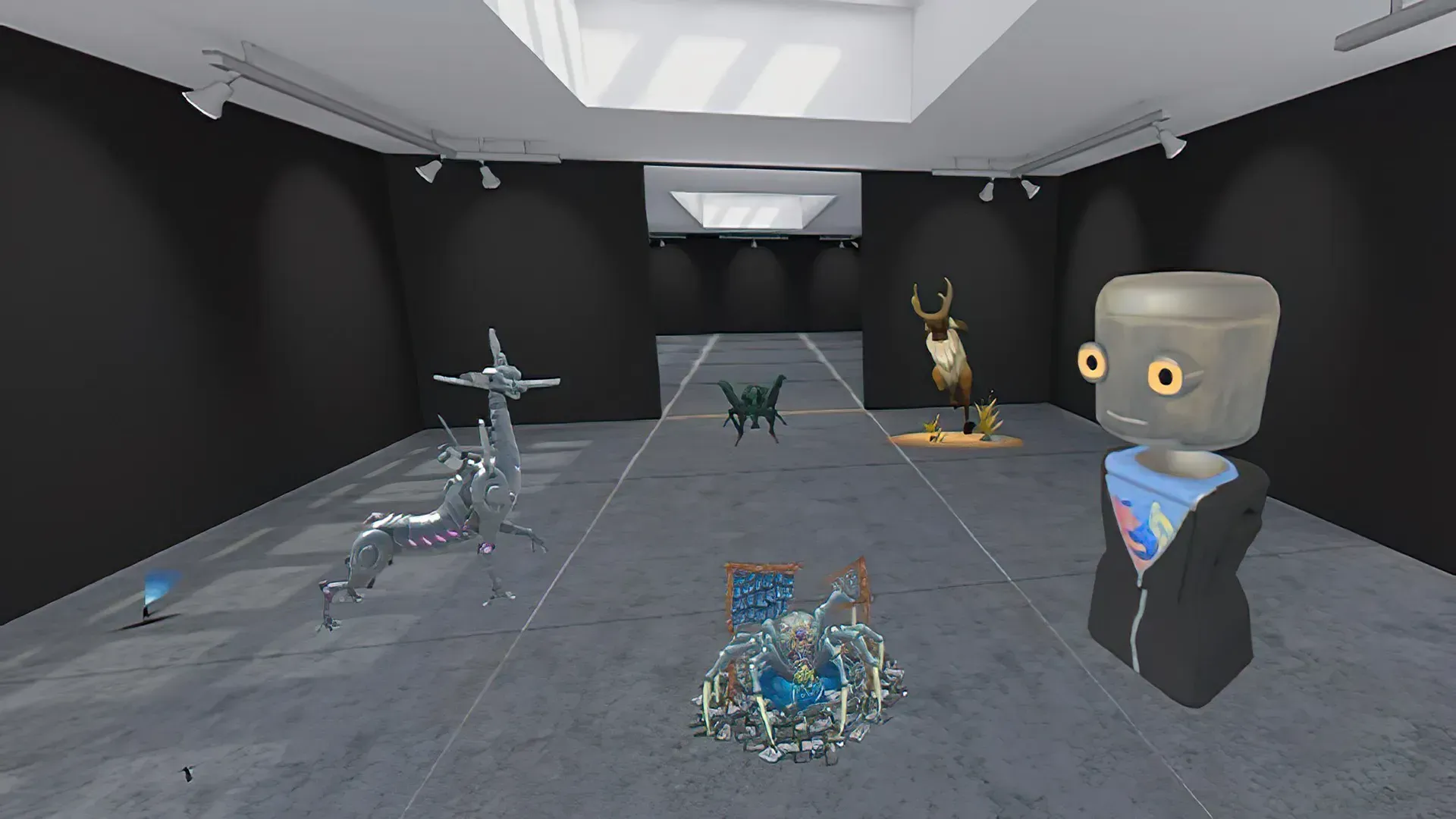 Virtual gallery with 3D models, including a robot, animals, and sculptures, showcasing tools for creating and remixing worlds.