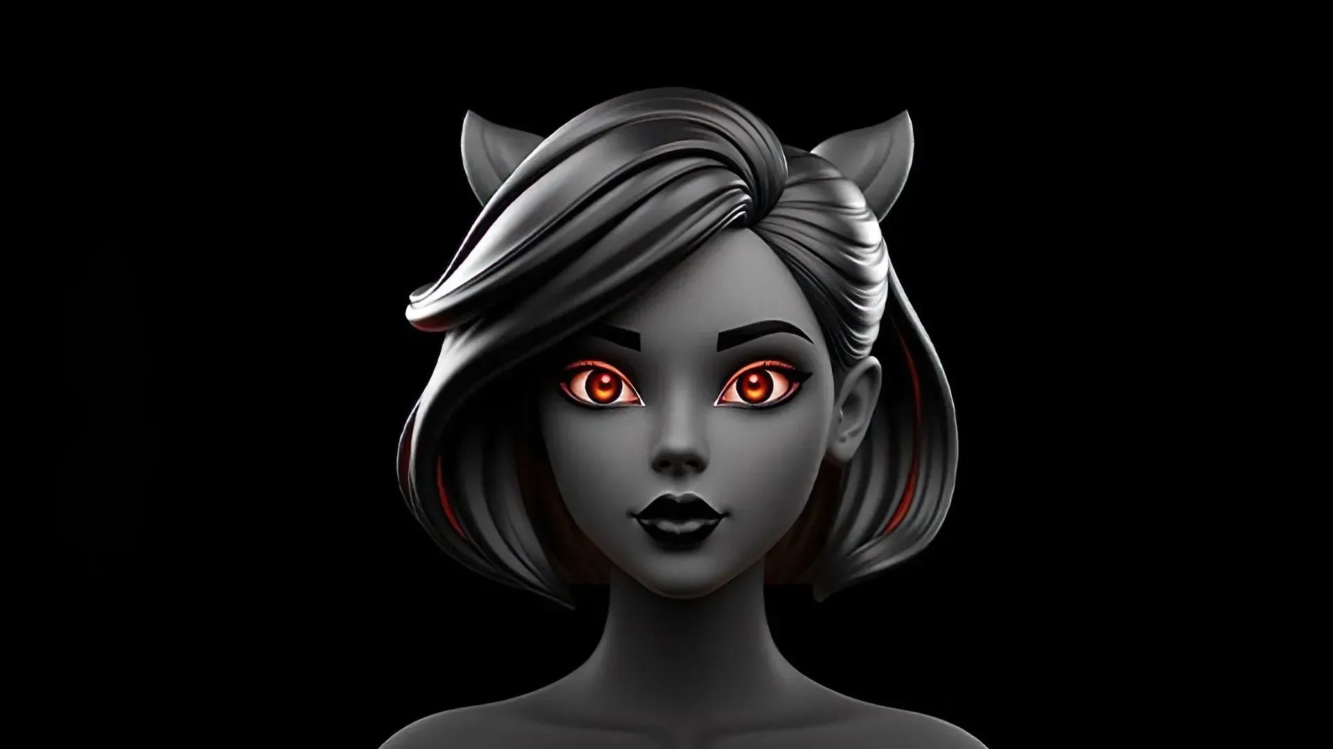 Stylized 3D character with glowing orange eyes and cat-like features, representing a virtual asset library tool.