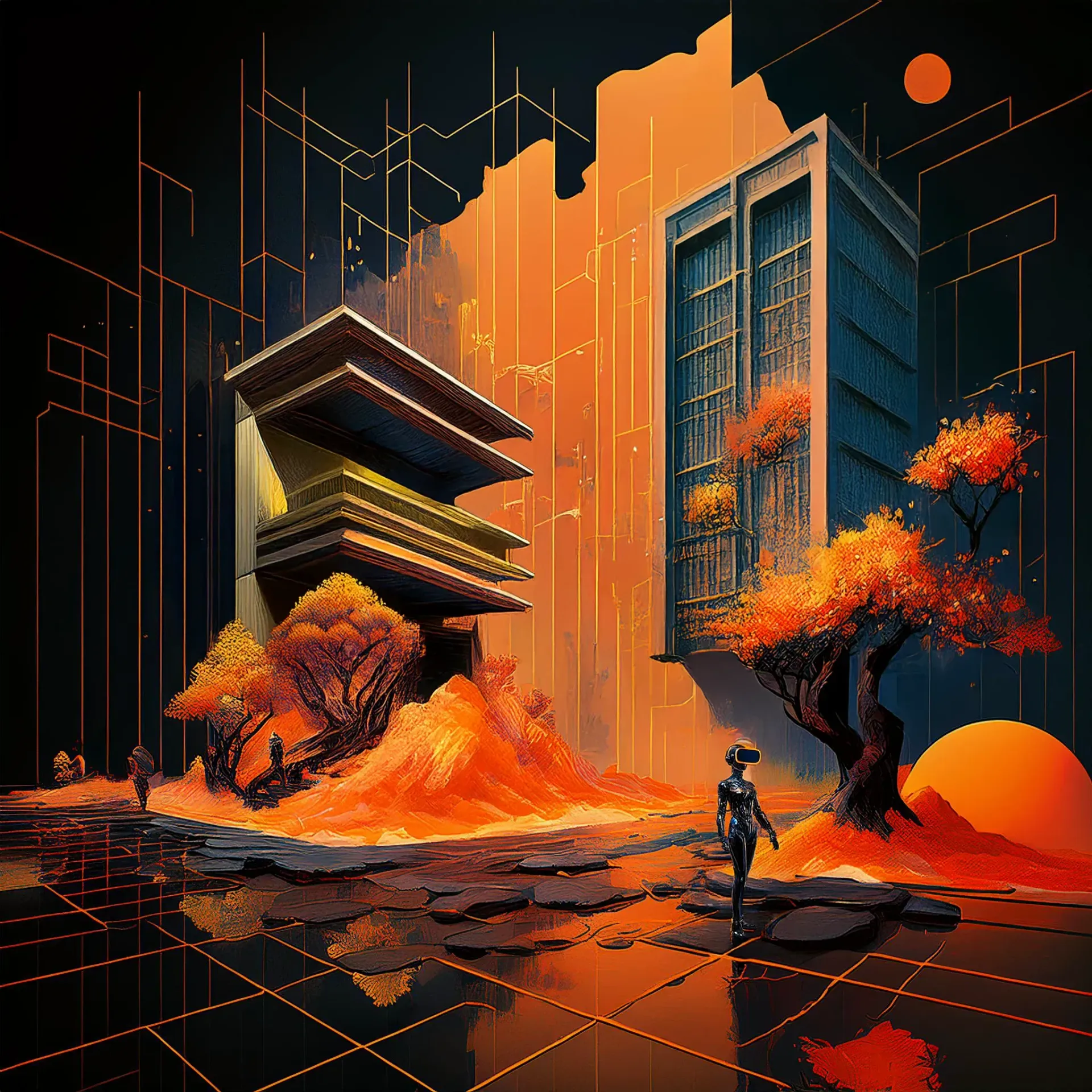 Futuristic cityscape with glowing orange hues, modern buildings, and a VR-equipped figure exploring a digital environment.