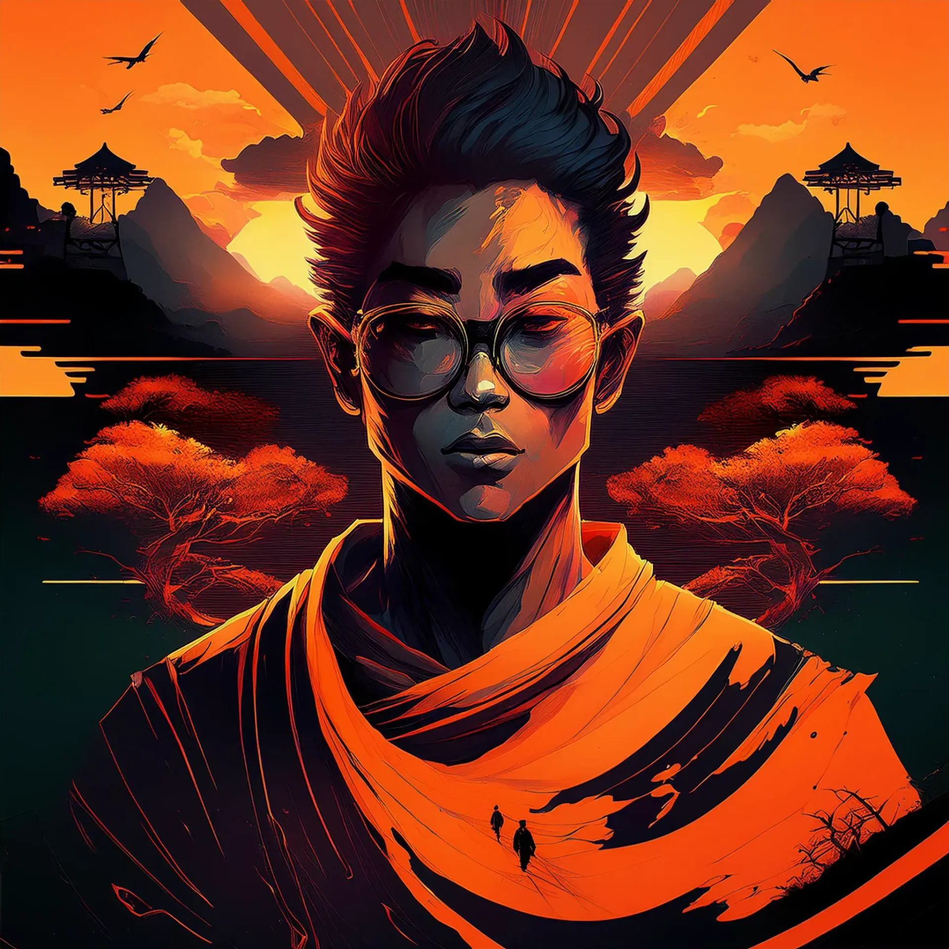 Stylish figure in an orange robe with a futuristic sunset backdrop, symbolizing influence, community growth, and Web3 engagement.