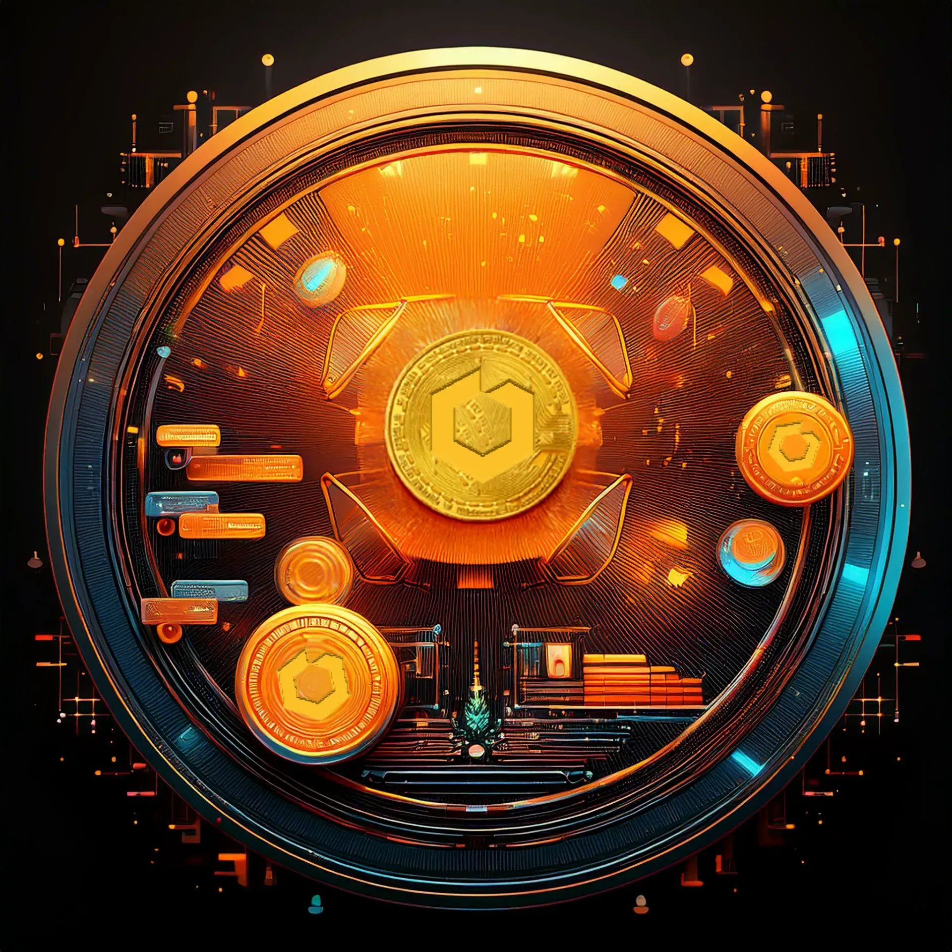 Futuristic golden crypto marketplace interface with glowing tokens, digital trading elements, and blockchain-inspired design.