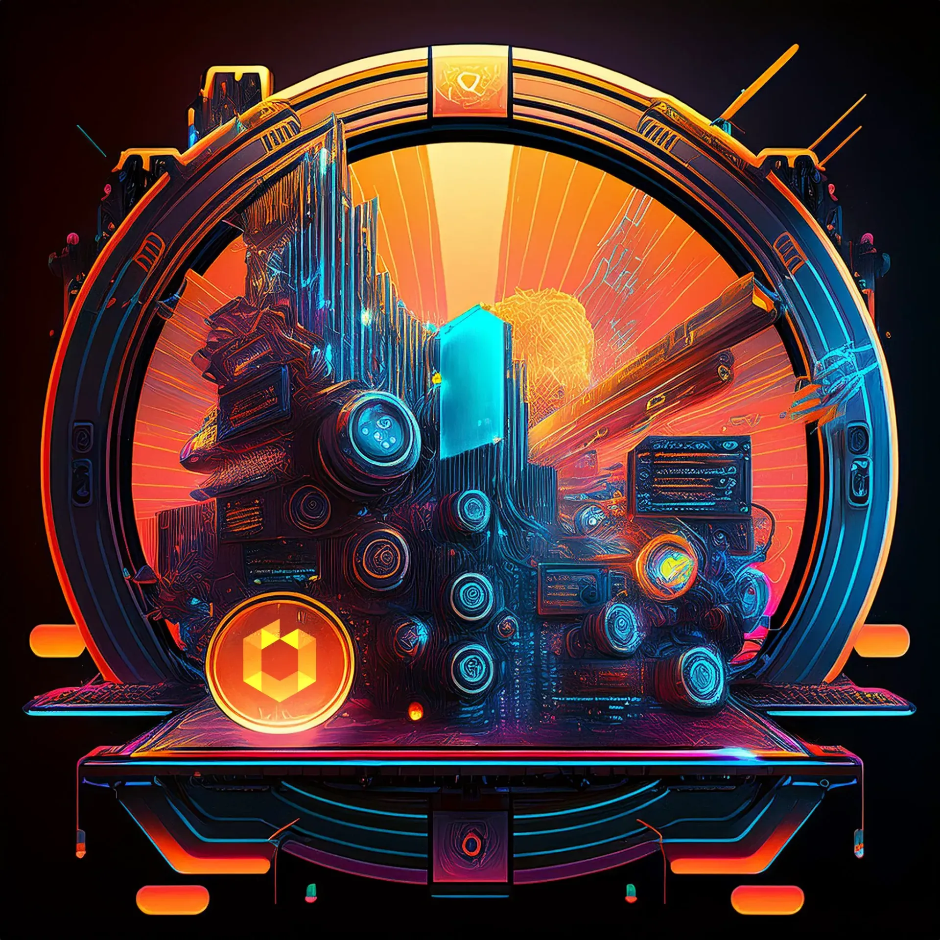 Futuristic digital hub with glowing circuits, crypto symbols, and a dynamic interface representing meme token creation and trading.