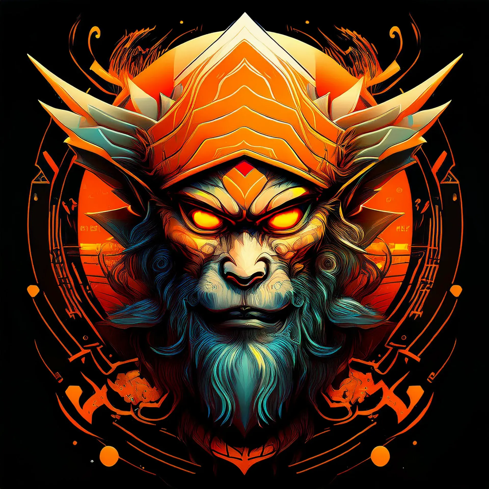 Mystical cyber shaman with glowing orange eyes, intricate armor, and futuristic elements symbolizing decentralized identity.