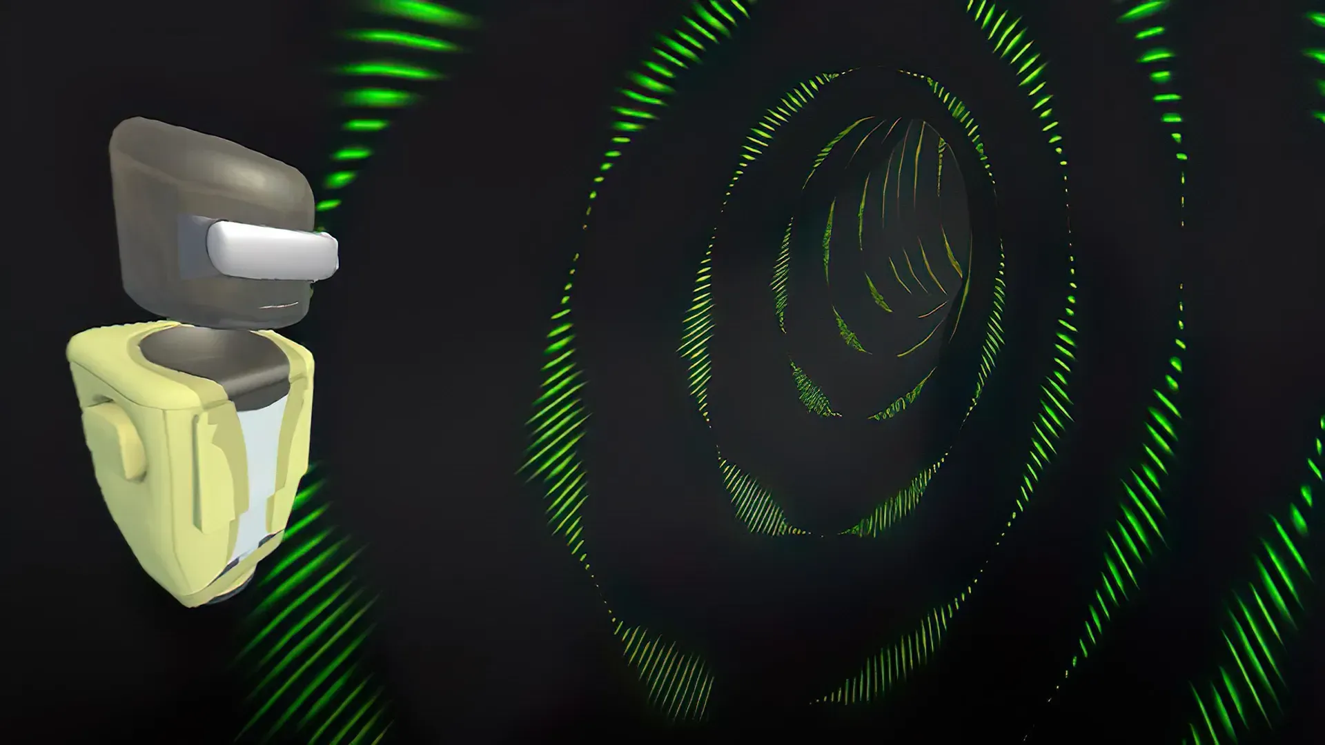 VR-enabled robot avatar beside a glowing green tunnel, showcasing real-time interaction tools for immersive virtual experiences.