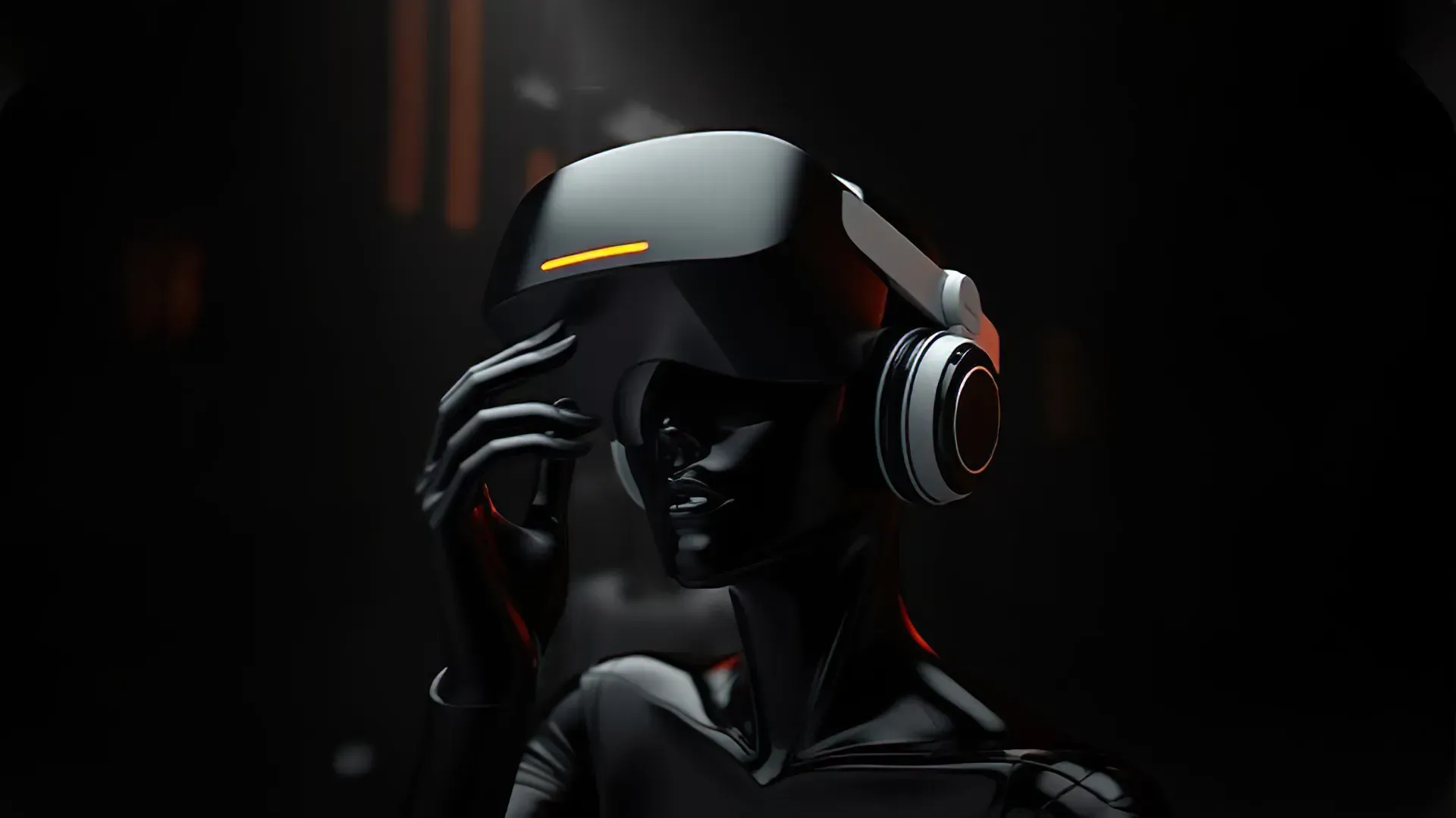 Person wearing a sleek VR headset in a dark environment, symbolizing real-time interaction and virtual world building.
