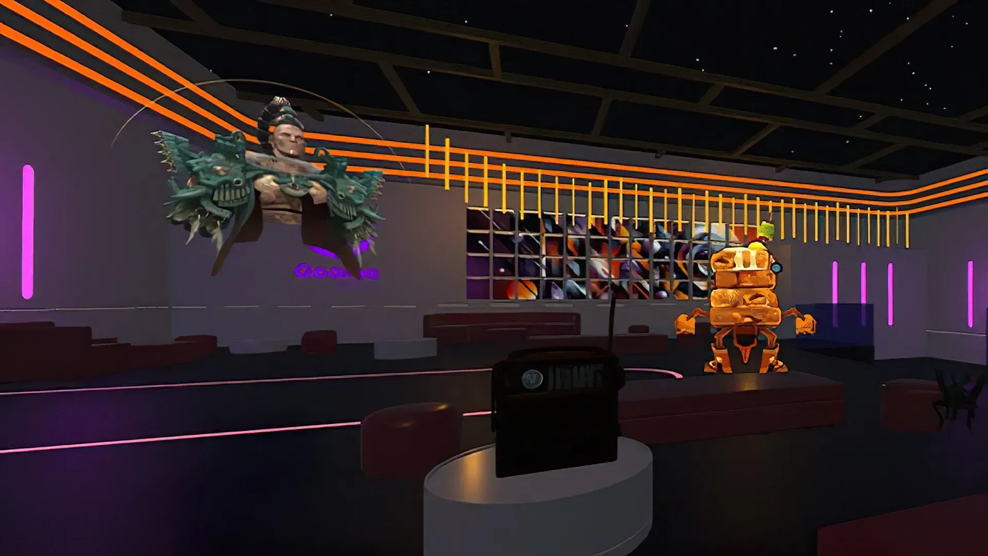 Virtual space with 3D models, customizable avatars, and dynamic visuals, showcasing tools for creating and remixing virtual worlds.