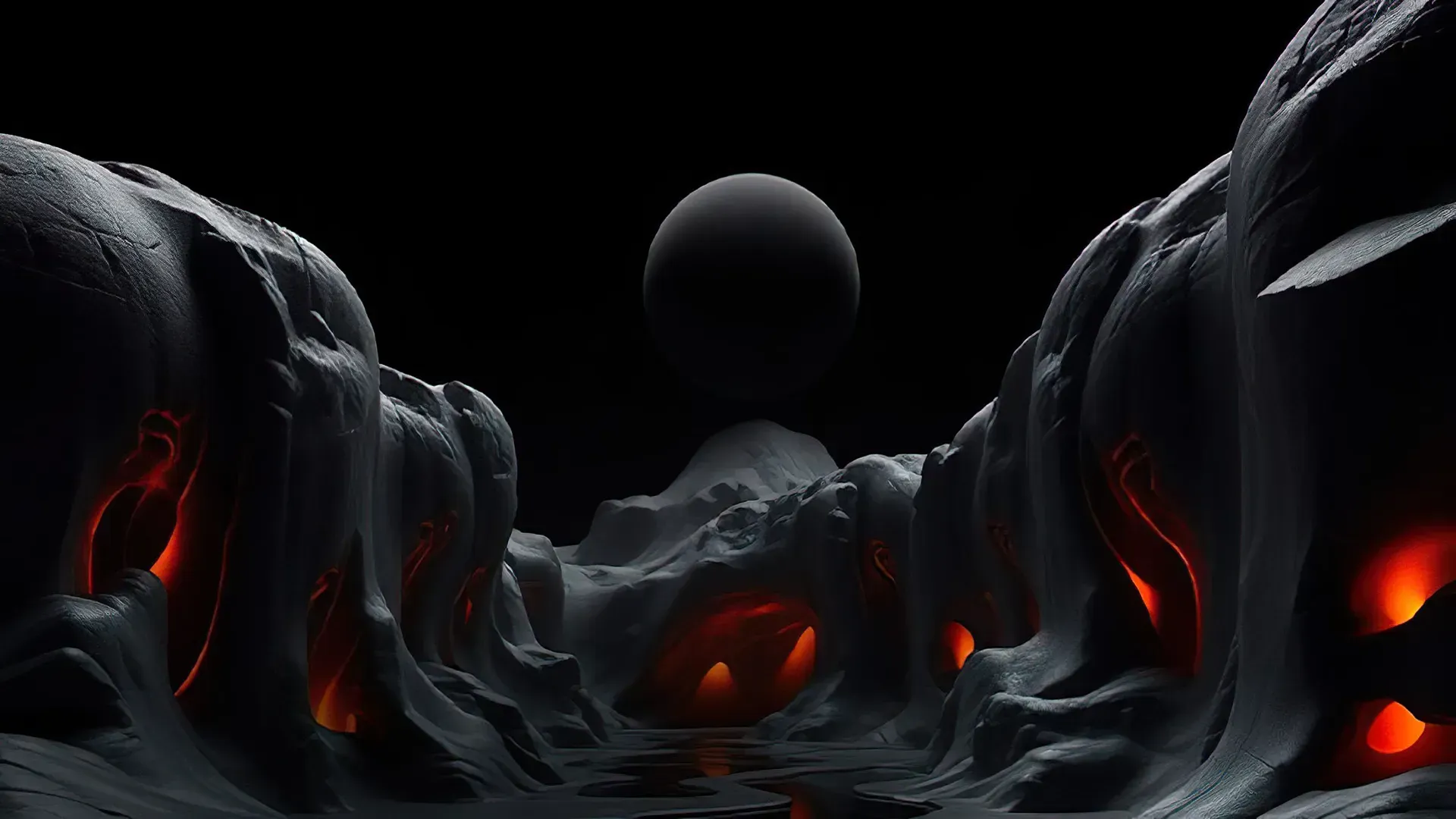 Surreal landscape with glowing red caves and a dark sphere above, symbolizing tools for creating and remixing virtual worlds.