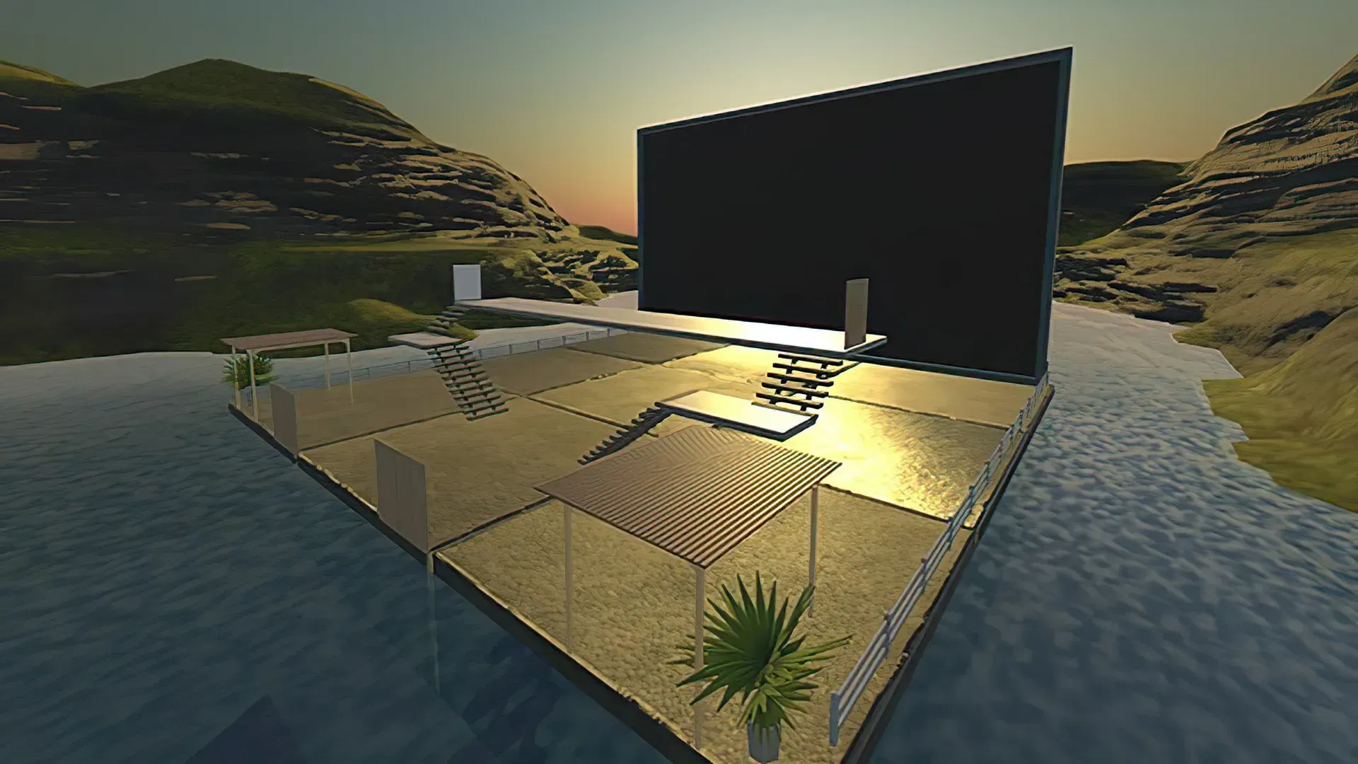 Virtual scene builder showing a floating platform with screens, stairs, and greenery set against a serene landscape backdrop.