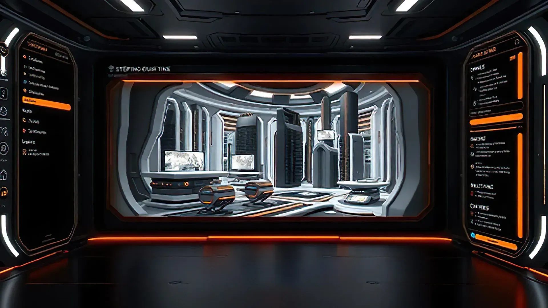 Futuristic virtual scene builder interface with tools, displays, and glowing orange accents in a high-tech environment.