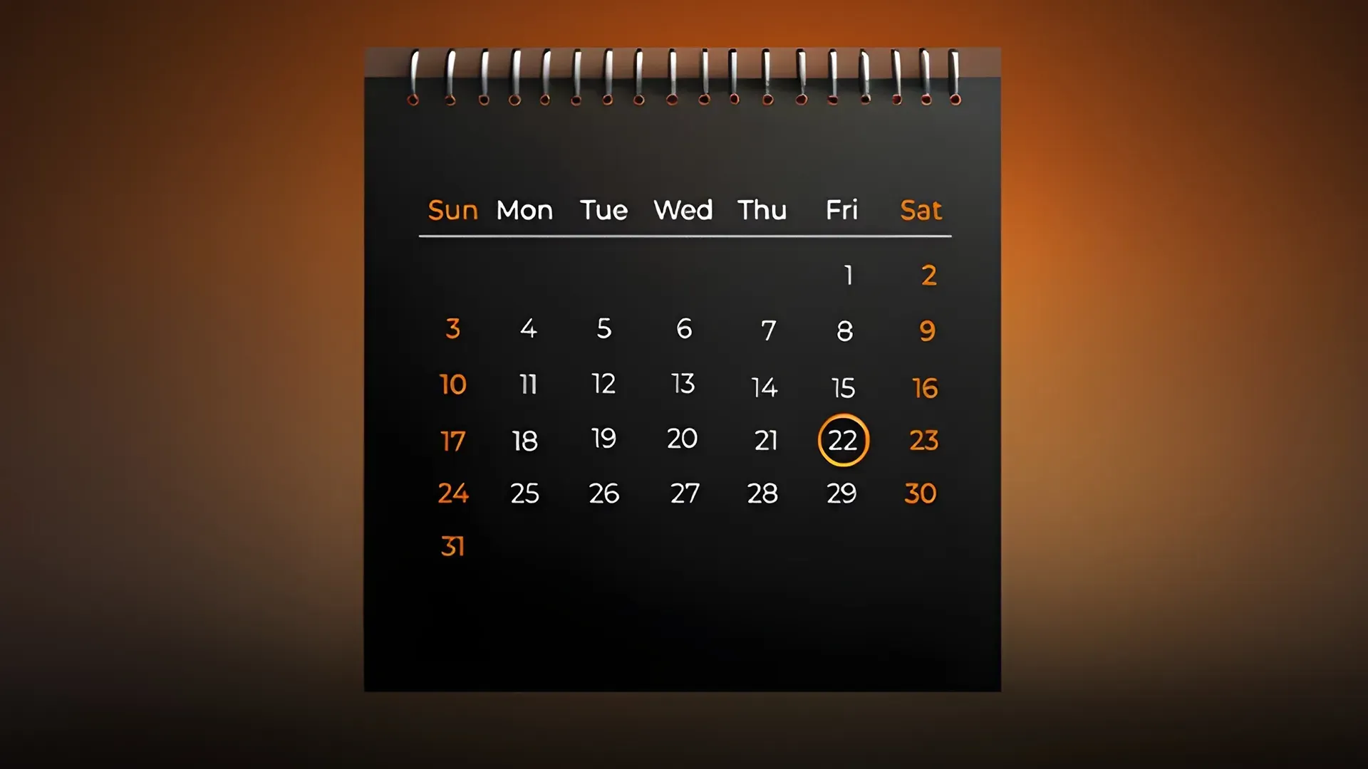 Modern calendar design with a highlighted date, surrounded by warm orange tones, representing upcoming community events.