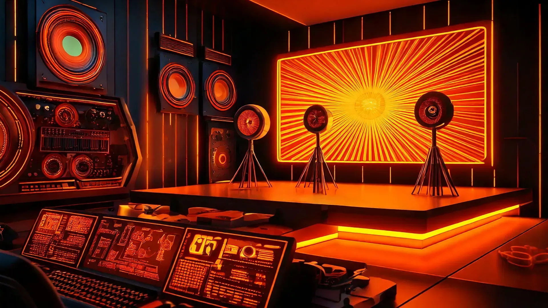 Futuristic filmmaker studio with glowing orange screens, speakers, and creative equipment.